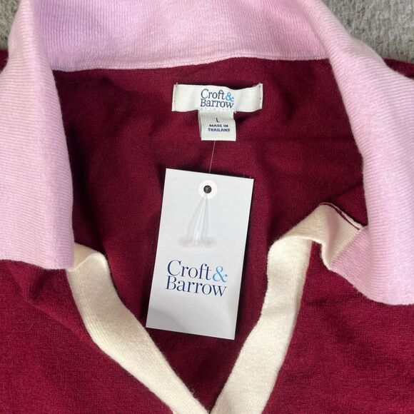 Croft & Barrow Sweater Womens Large Burgundy Pink Knit V Neck Collared Preppy - Picture 3 of 10